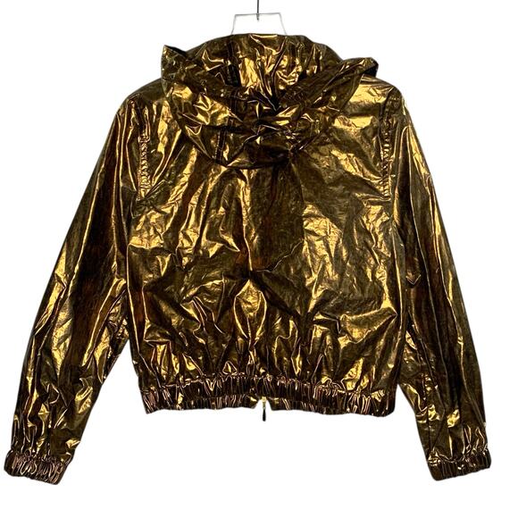 Escada IT36 Small Gold Poly Metallic Zip Up Jacket Crinkle Hooded Designer Lux - Picture 3 of 9